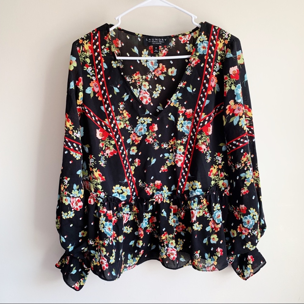 Laundry Floral Polka Dot Ruffle Ruched Blouse Boho Long Sleeve